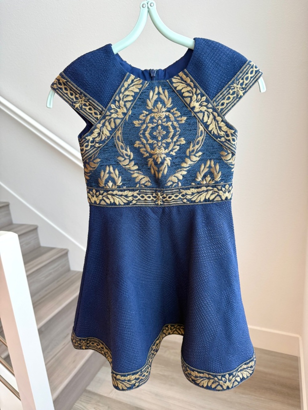 Tadashi Shoji Navy and Gold Embroidered Fit-and-Flare Girls Dress